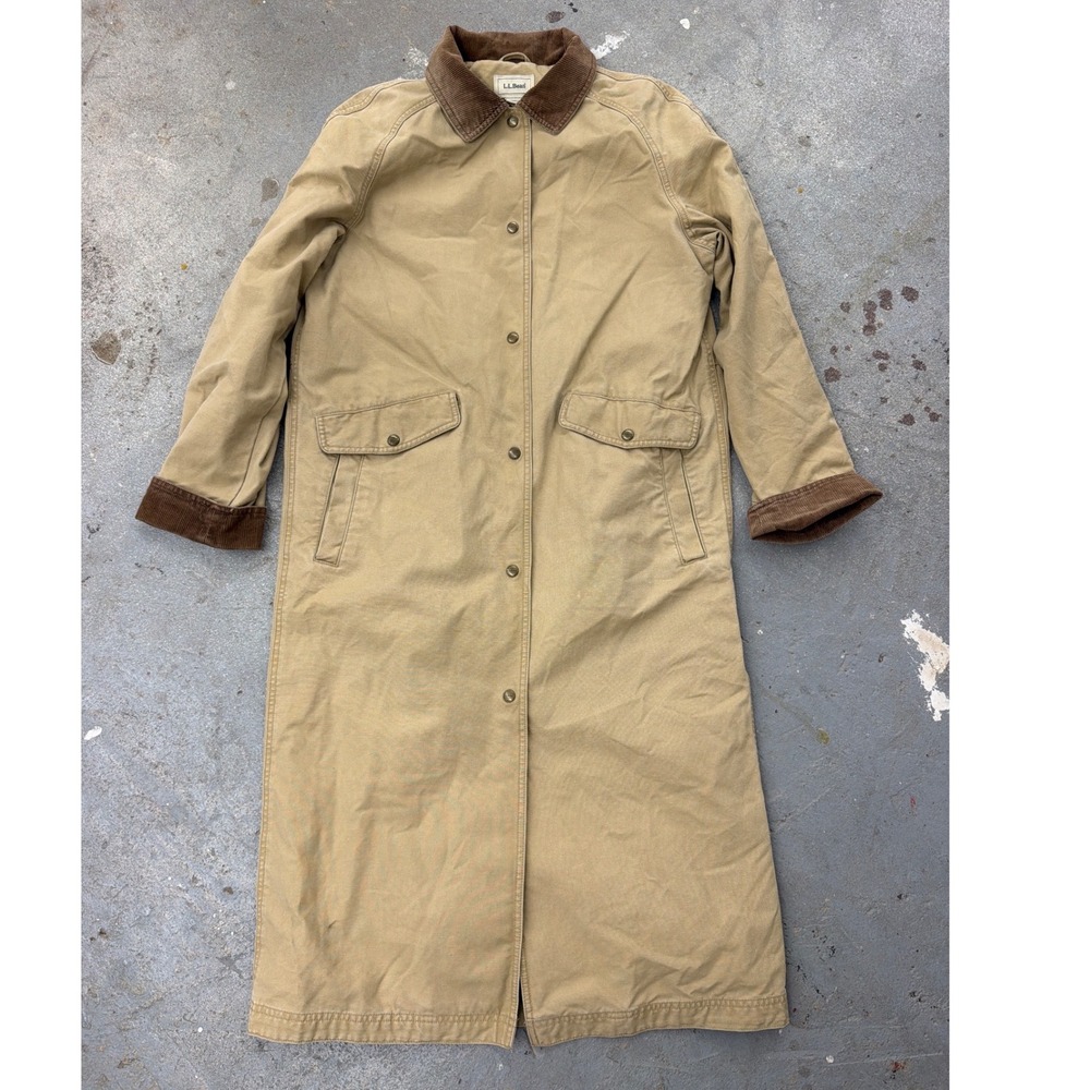 LL Bean Long Barn Coat Duster Tan Canvas Corduroy Southwestern Lined Womens S